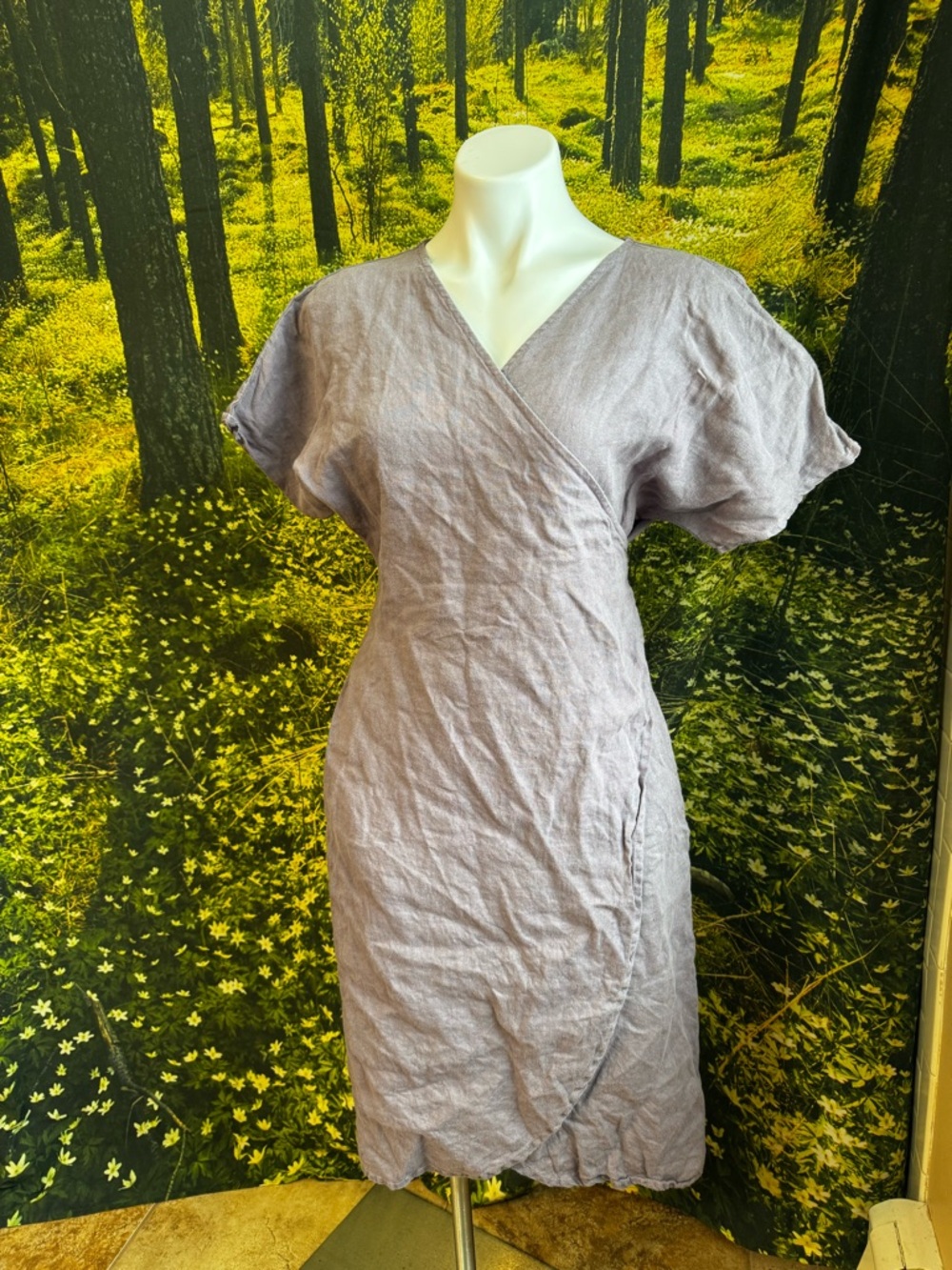 Linenfox Dusty Lavender Full Wrap Midi Dress Feminine Silhouette S/M